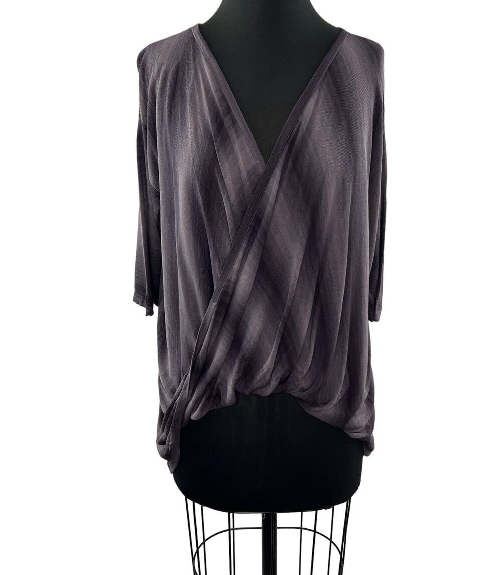 CULLEN Purple Stripe Short Sleeve Surplice Neckline Faux Wrap Top Size S NEW